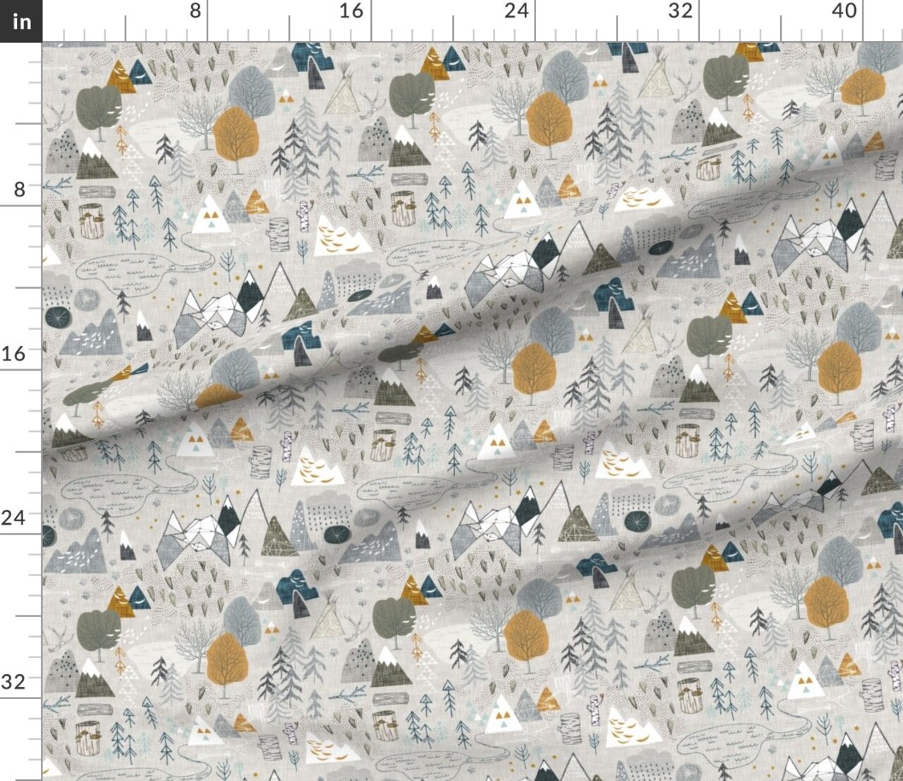 Woodland Forest Woods Wilderness Adventure Explore Gray Mustard Blue Custom Printed Fabric by Spoonflower Various Fabrics by the Yard or Fat Quarter